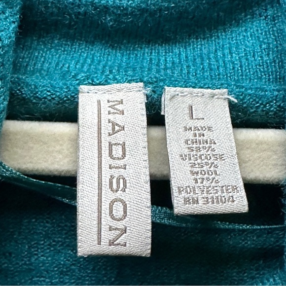 Madison Teal Cowl Neck Ribbed Sleeves Wool Blend Sweater Size Large Casual - Picture 7 of 8